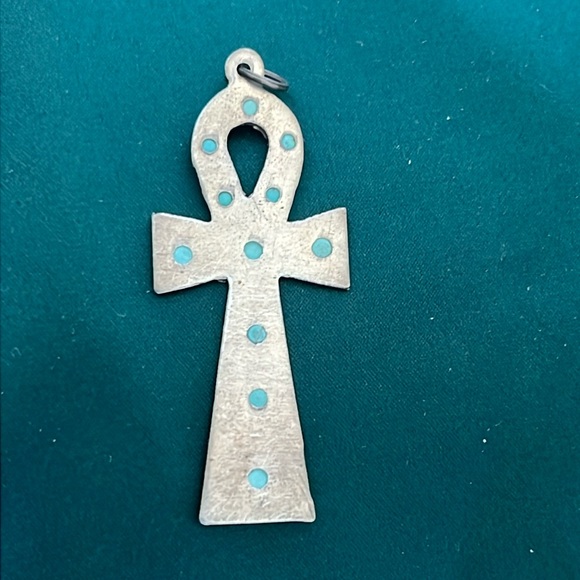 Vintage Silver Ankh Key Pendant with Turquoise Gems - Picture 6 of 17